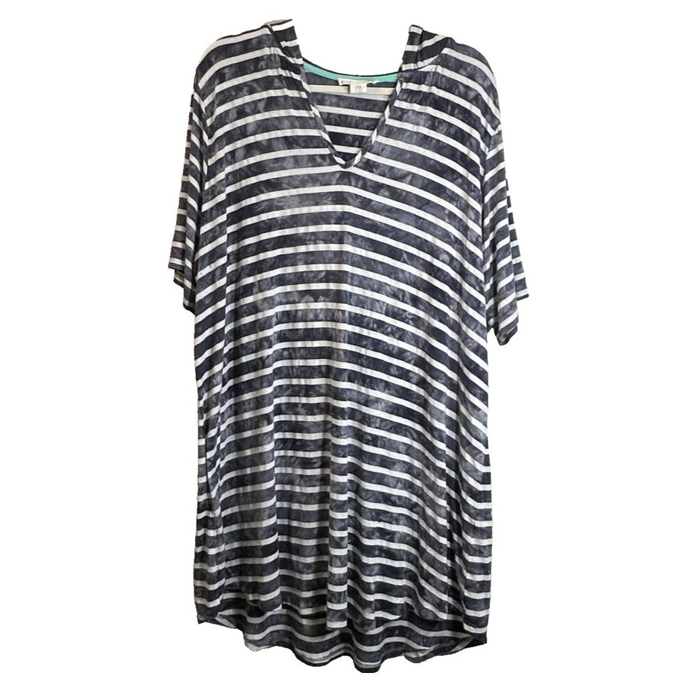 C &C California Dress 2X Blue/White Striped Tie Dye Hooded Beach Tunic Cover Up